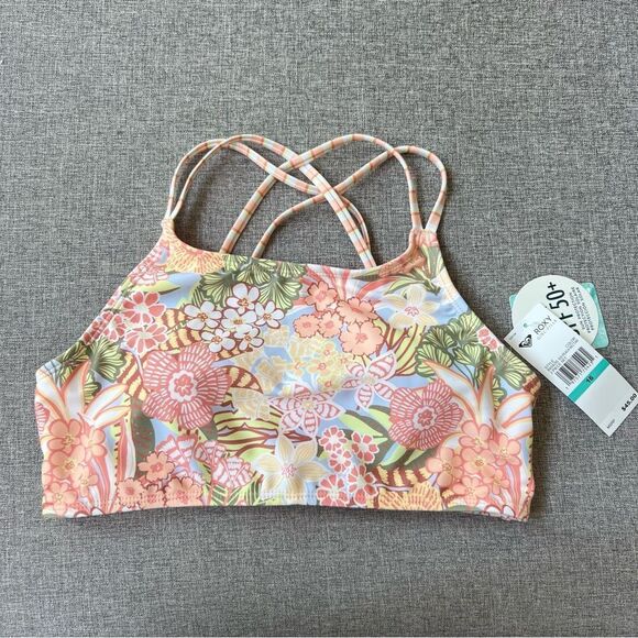 NWT Roxy Orange Sporty Floral Tropical Bikini Top Crisscross Straps Girls 16 - Picture 2 of 9